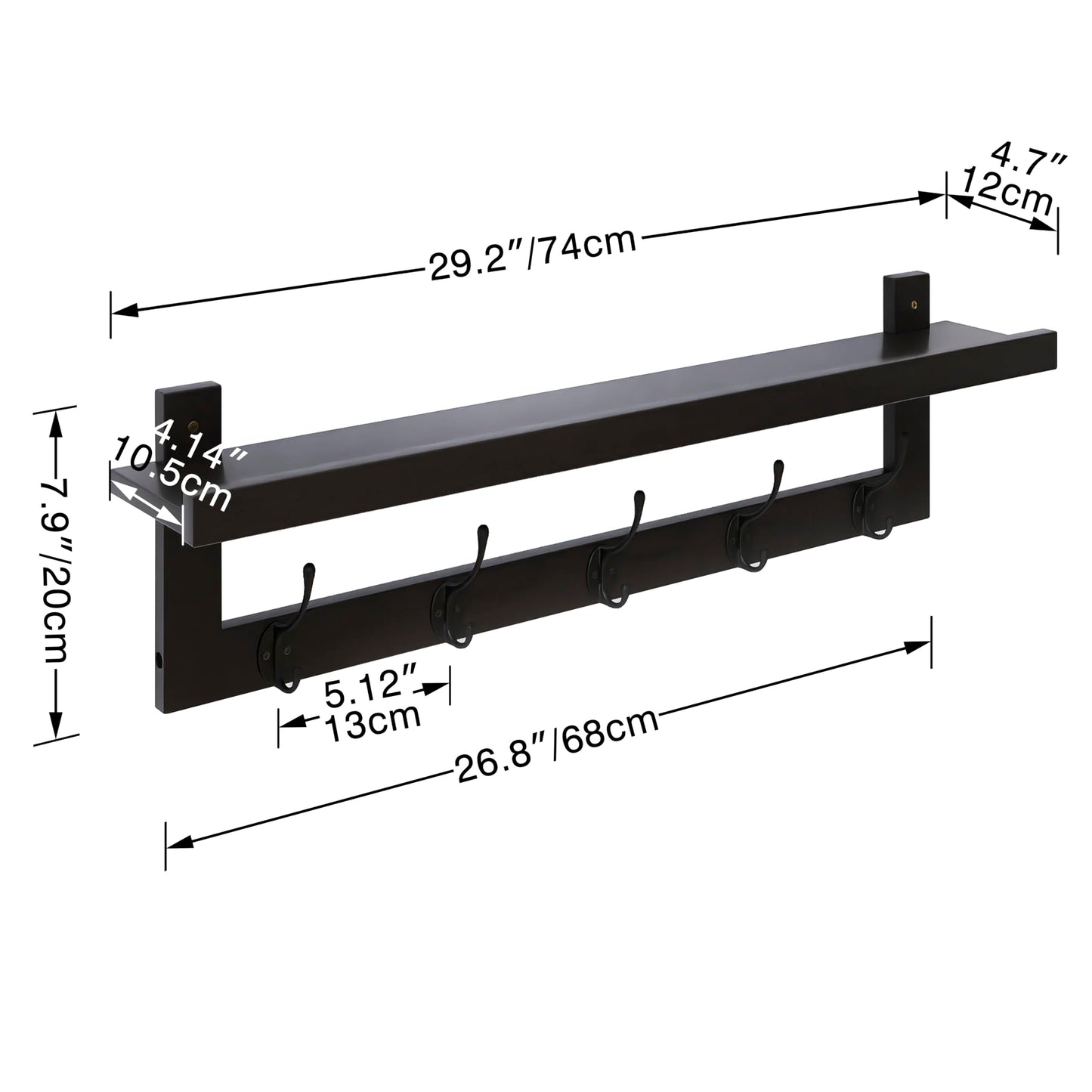 SMIBUY Coat Hooks with Shelf Wall-Mounted, 74 cm Entryway Coat Rack for Wall, Bamboo Hanging Shelf with 5 Double Metal Hooks for Bathroom, Bedroom