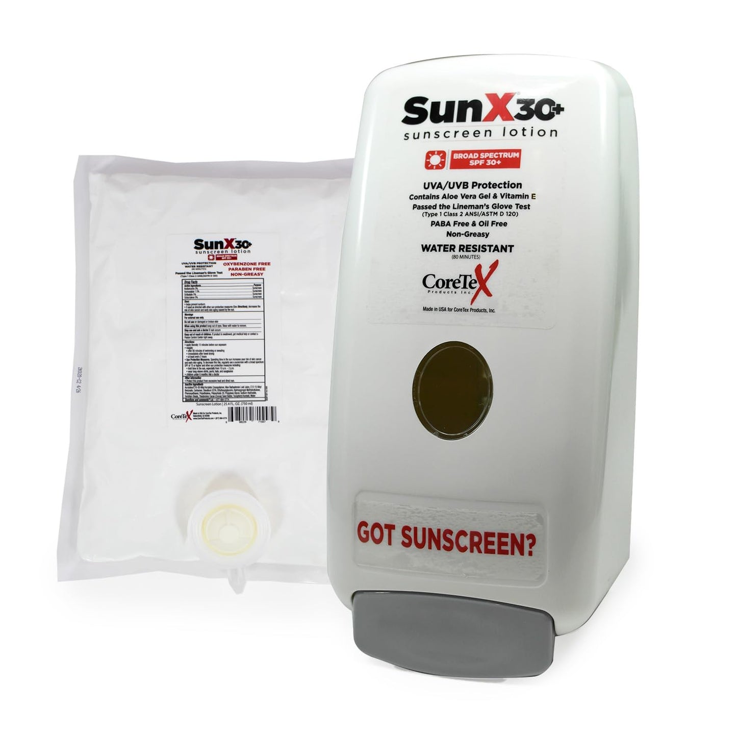 CoreTex Sun X 30+ 750mL Sunscreen Lotion Bladder & Wall Mount Dispenser - Paraben, Oxybenzone, Octinoxate, & Oil Free - Broad Spectrum (UVA/UVB)