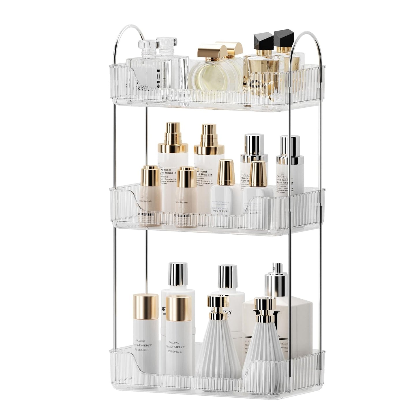 Bathroom Organiser Countertop, Skincare Makeup Organiser, Bathroom Vanity Shelf for Cosmetics, Toiletries, Lotions, Perfumes (3 Tiers, Clear)