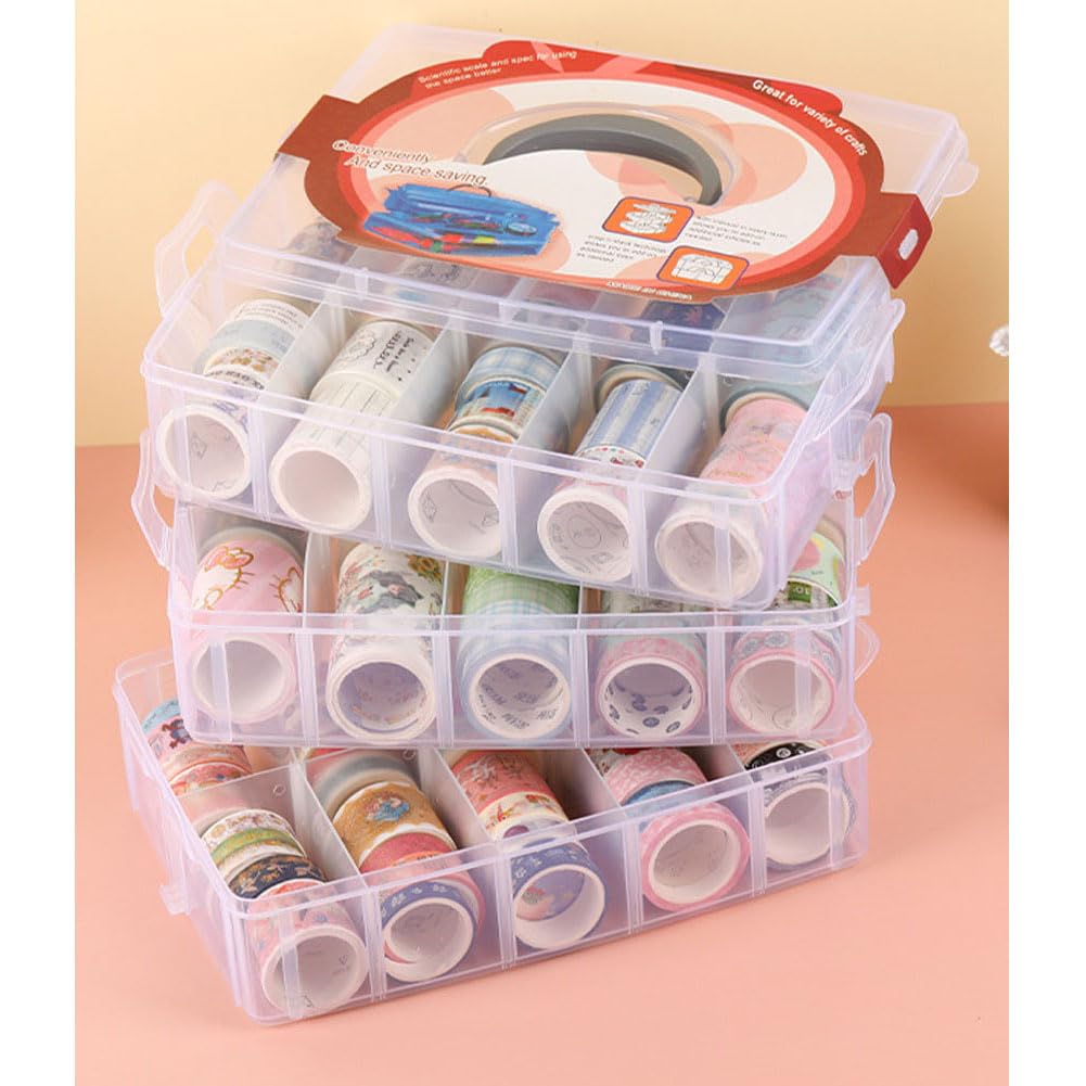 HomDSim Washi Tape Box Organizer Storage,Divider Closet Container,with 30 Adjustable Compartments,Clear,Masking Tape Desktop Tape DIY Sticker Roll