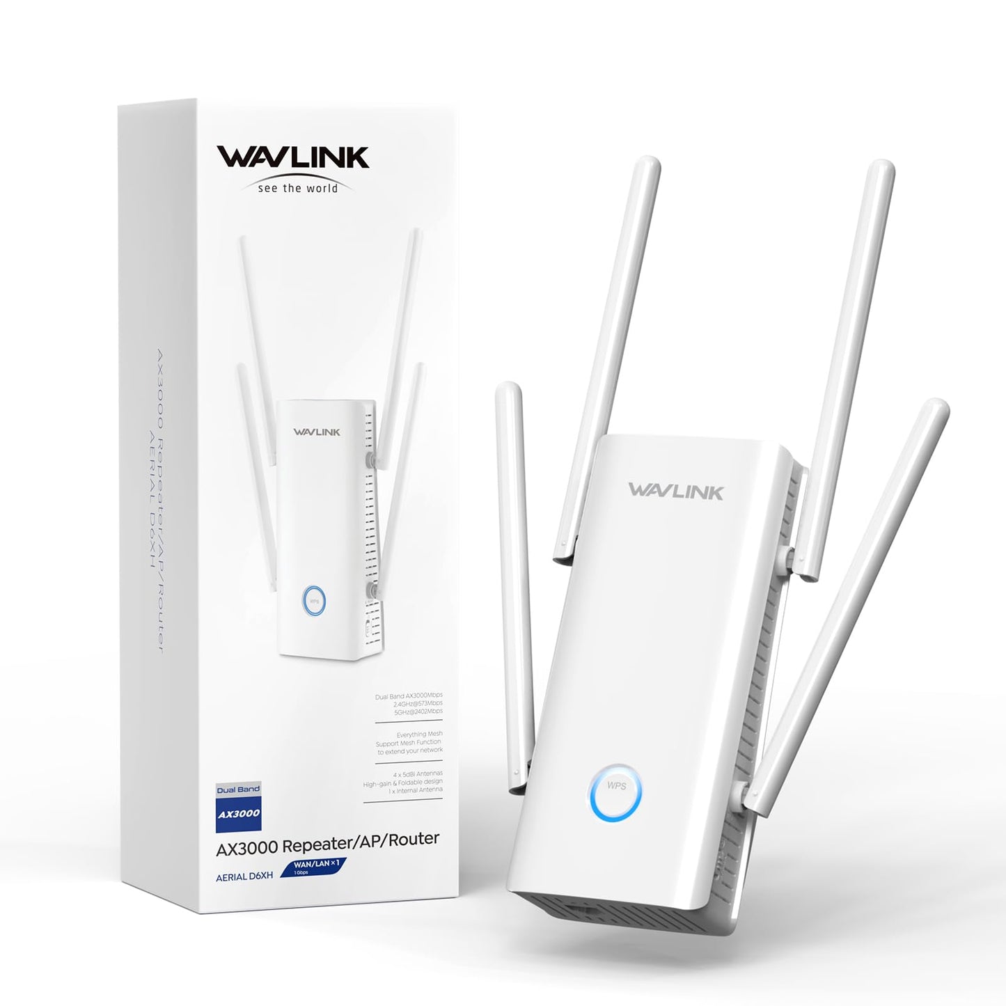 WAVLINK WiFi Extender Booster Wifi 6 AX3000 with Ethernet Port for Home, 5*5dBi Antennas WiFi Booster Range Extender, Internet Booster, Access Point,