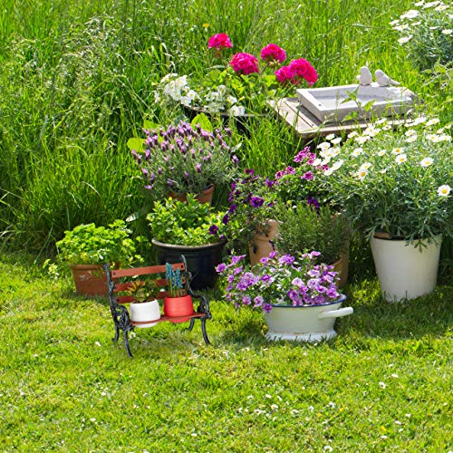 Relaxdays Mini Flower Bench, Wood & Cast Iron, Flower Holder for 2 Pots, Garden Decoration, Brown/Grey-Green
