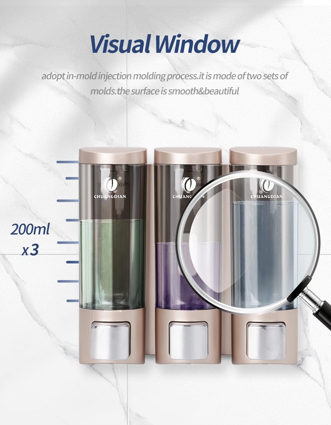 Triple 200ML Soap Dispenser Bathroom Wall Mounted Shower Gel Shampoo and Conditioner Dispenser Kitchen Dish Detergent Container Hand Body Wash Liquid