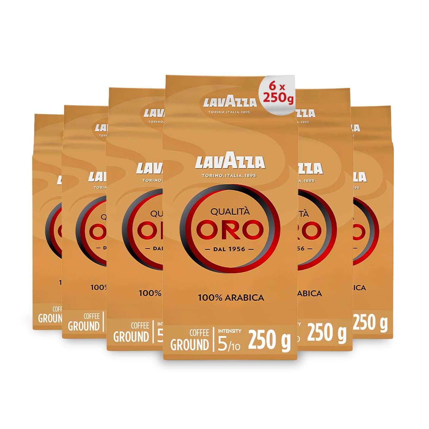 Lavazza, Qualit? Oro, Ground Coffee, 6 Packs of 250 g, Ideal for Moka Pot, Filtered Coffee and French Press, with Aromatic Notes of Fruit and Flowers,