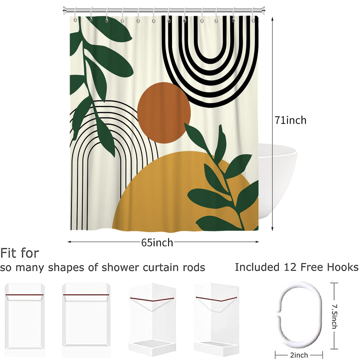 Hnmdmyi Boho Shower Curtain 165x180, Mid Century Abstract Arch Sun Green Leaf Beige Bathroom Curtains Modern Minimalist Aesthetic Art Waterproof
