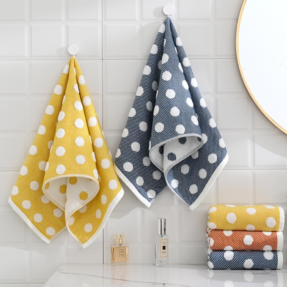sense gnosis Orange Hand Towel Set of 2 Super Soft 100% Cotton Absorbent Jacquard Striped Pattren Lint Free White Terry Polka Dot Bath Hand Towels