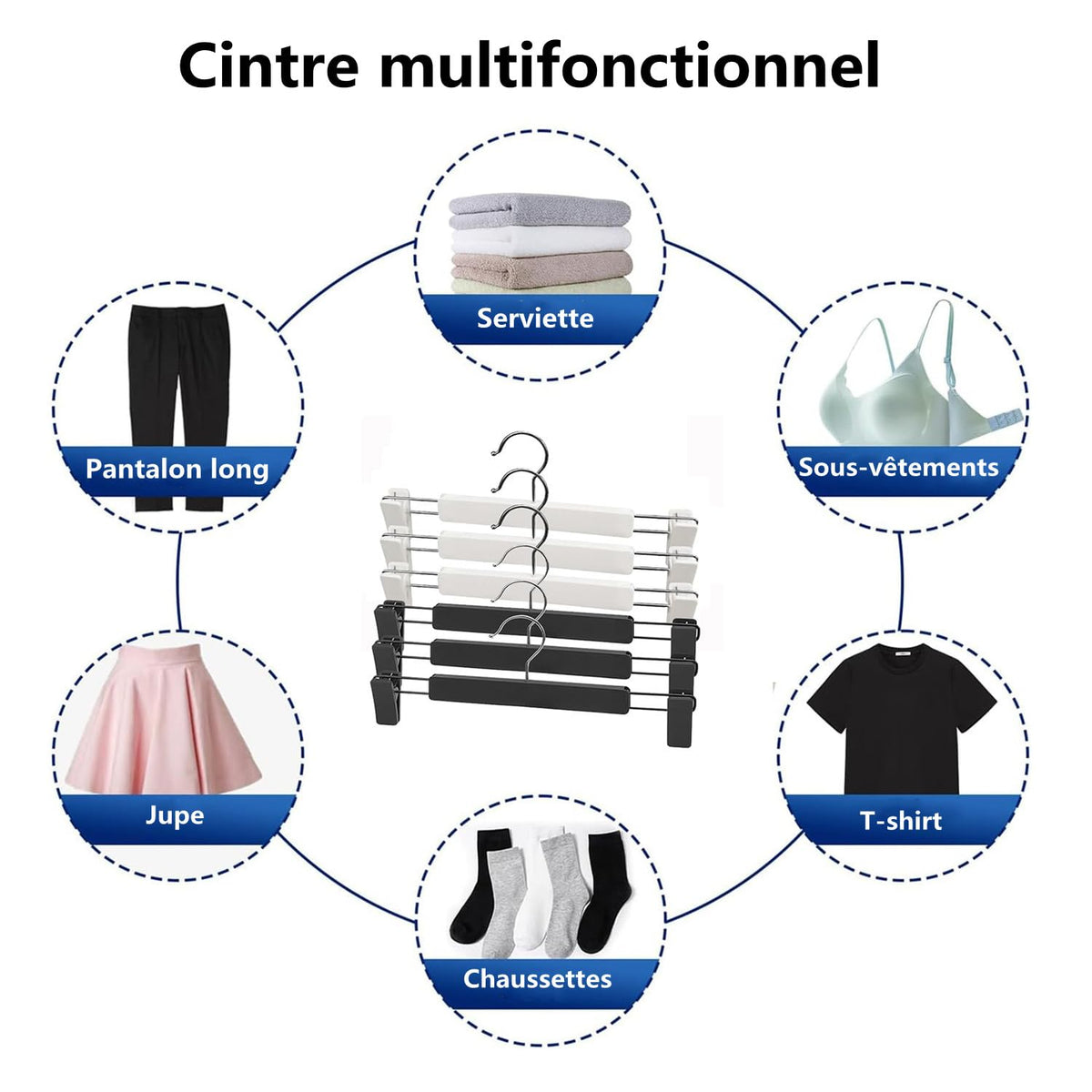 LATRAT Set of 20 Trouser Hangers, Skirt Hangers, with 2 Adjustable Non-Slip Clips, 360 Swivel Hooks, for Trousers, Skirts, Socks, Underwear, Black