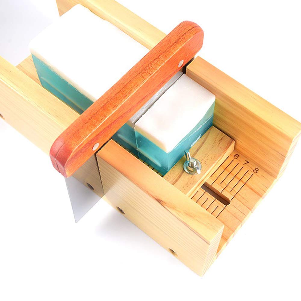 Hard Pine Adjustable Wood Soap Cutter Slicer Box Set - Art Craft Soap Making Loaf Mold Wire Cutter with Handmade Silicone Soap Loaf Mould and 3 Pcs
