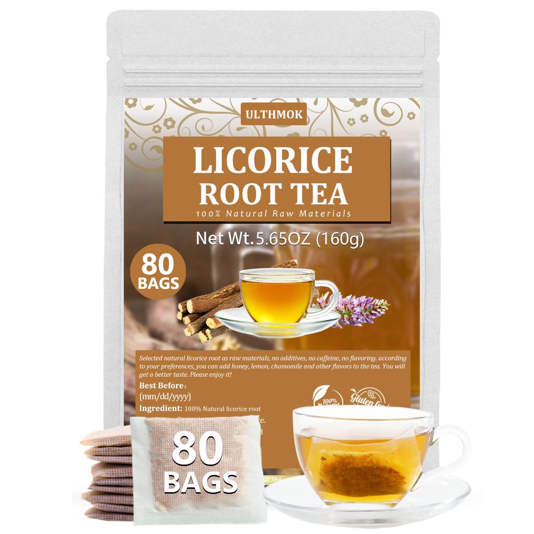 Premium 80 Liquorice Root Tea Bags, Made with 100% High Sweetness Wild Licorice Root, No Additives & Caffeine Free.