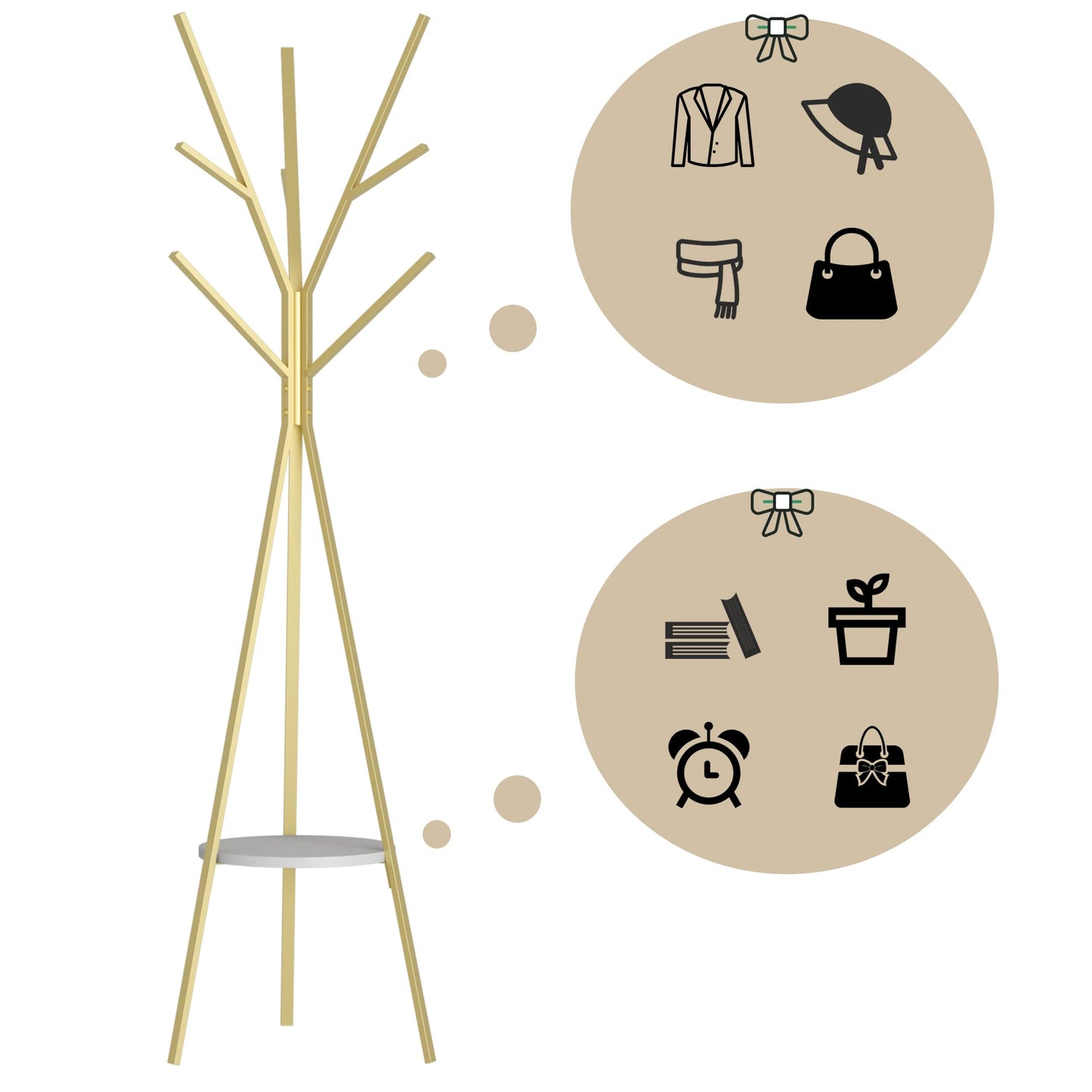 HOME BI Coat Rack Stand, Entryway Standing Coat Tree,Hat Stand Coat Hanger with 9 Hooks for Holding Jacket, Handbag, Clothes, Hats, and Scarves, Gold