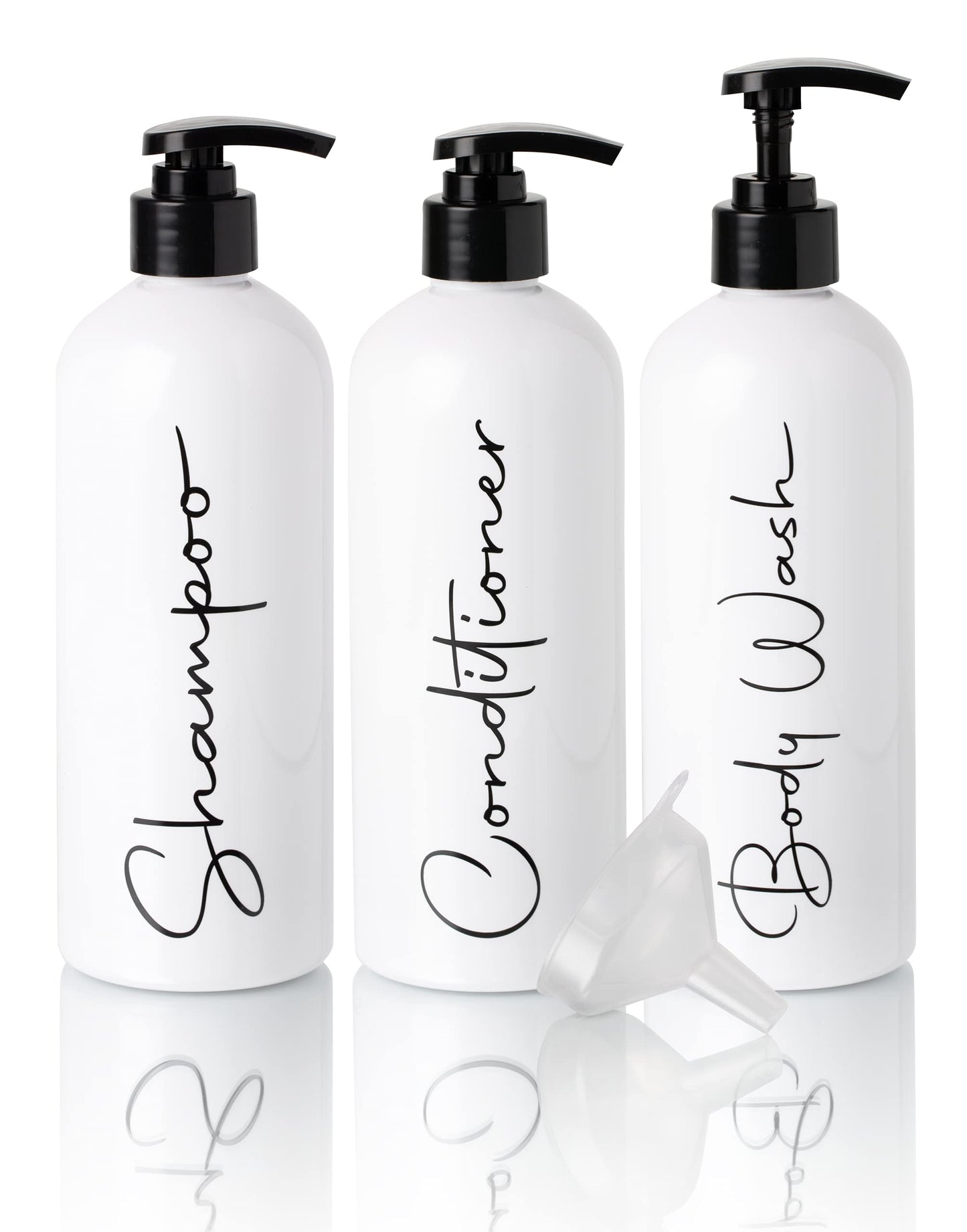 Alora 32oz Reusable Shampoo and Conditioner Bottles - Set of 3 - Easy to Read Labels - Pump Bottle Dispenser for Shampoo, Conditioner, Body Wash -