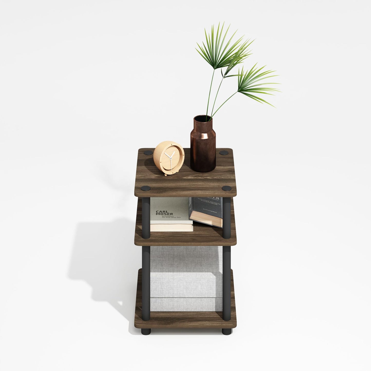 Furinno TURN-N-TUBE Side Table, 3-Tier End Table with Open Shelf, Night Stand, Bedside Table, Easy Assembly, for Living Room, Bedroom, Brown Walnut