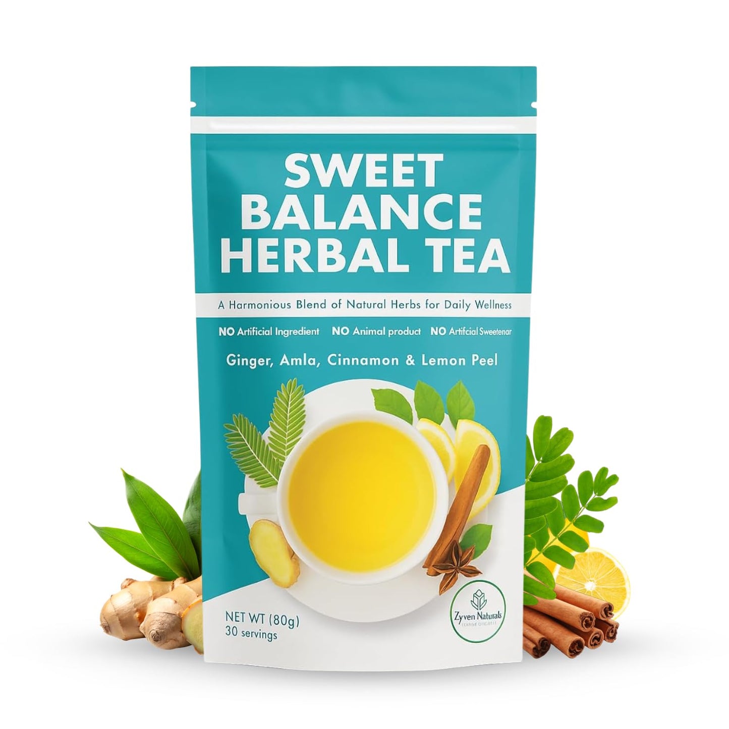 Zyzven Naturals Sweet Balance Herbal Loose Leaf Tea - 80g - Caffeine-Free Botanical Blend with Cinnamon, Ginger & Amla - Vegan-Friendly Wellness Tea