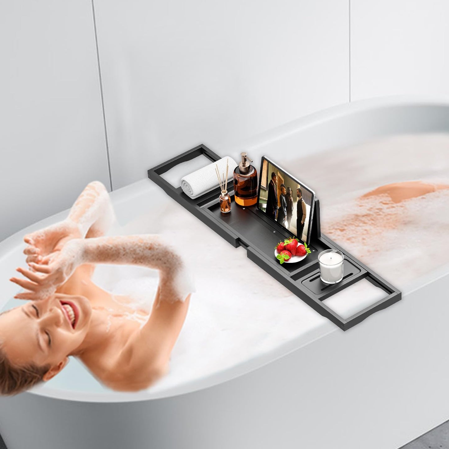 Premium Batht Tray Black - Expandable Bamboo Wooden Bath Trays for Bathub - Bath Tub Table Tray for Bathtub/Tub,Adjustable Size, Fits Most Tubs