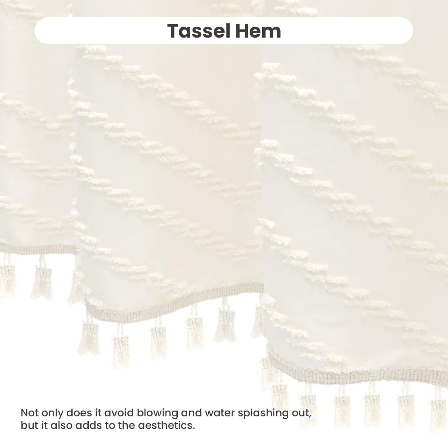 Inhousolu Boho Woven Fabric Shower Curtain, Tufted Textured Chevron Striped Tassel, Modern Farmhouse Cloth