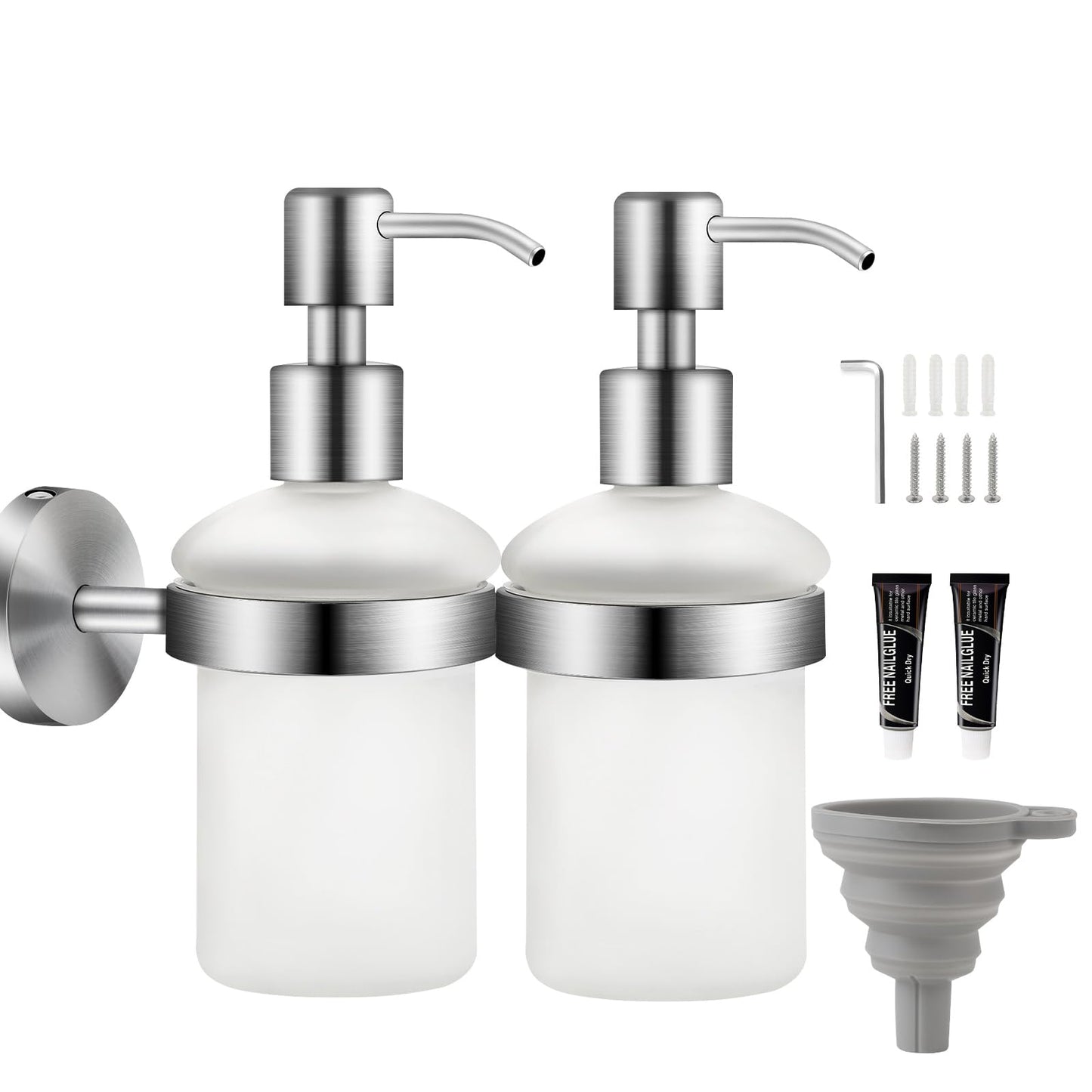 EXLECO 2 Pieces Soap Dispenser Wall Mounted Soap Dispenser Set Drilling & Self-Adhesive Made of 304 Stainless Steel 200 ml Chrome-Plated Satin Glass