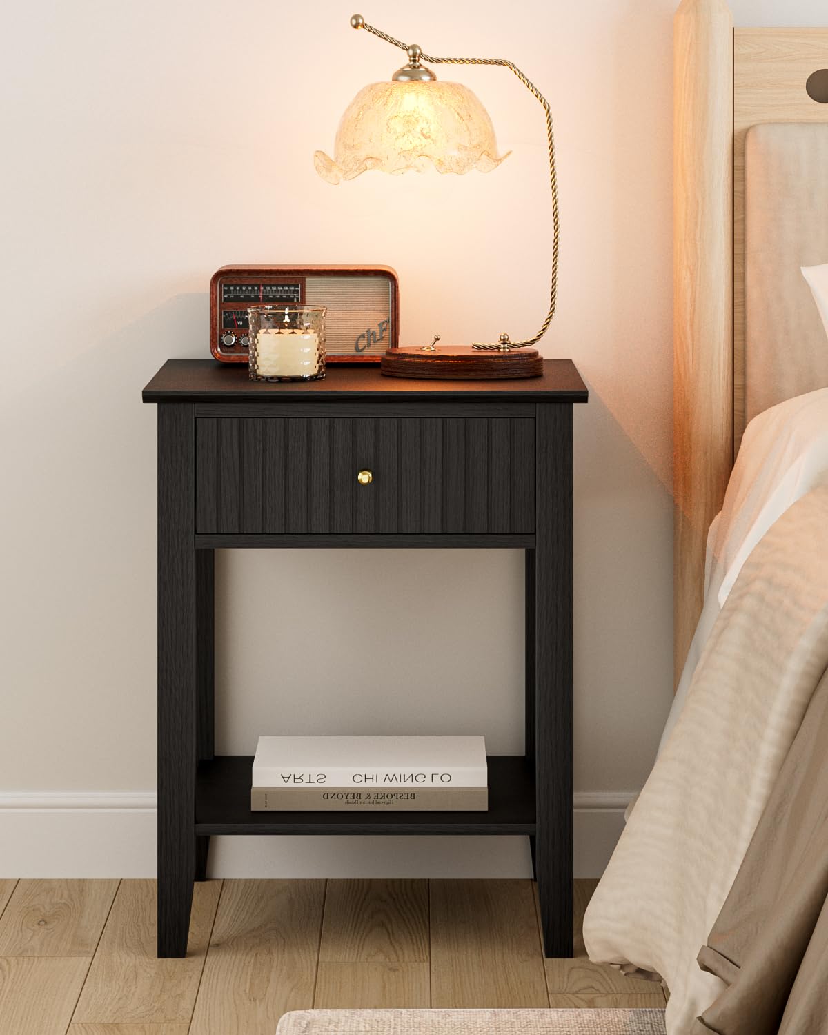 HEYZOEY Bedside Table Chest of 1 Drawer, Bedside Cabinet Wooden Nightstand, Modern Side Table for Living Room,Bedroom,Office,Black