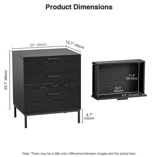 Skokliz Bedside Table with 3 Drawers, Black Nightstand for Bedroom, Wood Modern End Table for Living Room, Small Spaces, 50x40x60cm