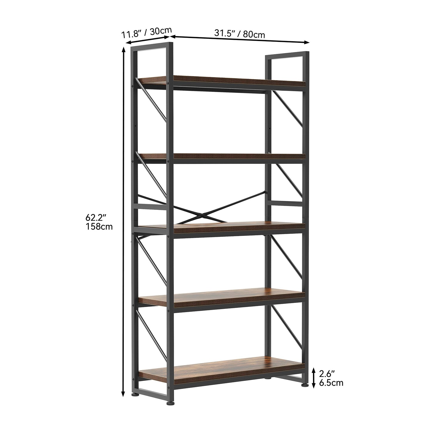 YITAHOME Bookcase 5 Tiers, Large Bookshelf, Wooden Shelf and Metal Frame, Industrial Shelving Unit, Floorstanding Storage Rack, for Living Room