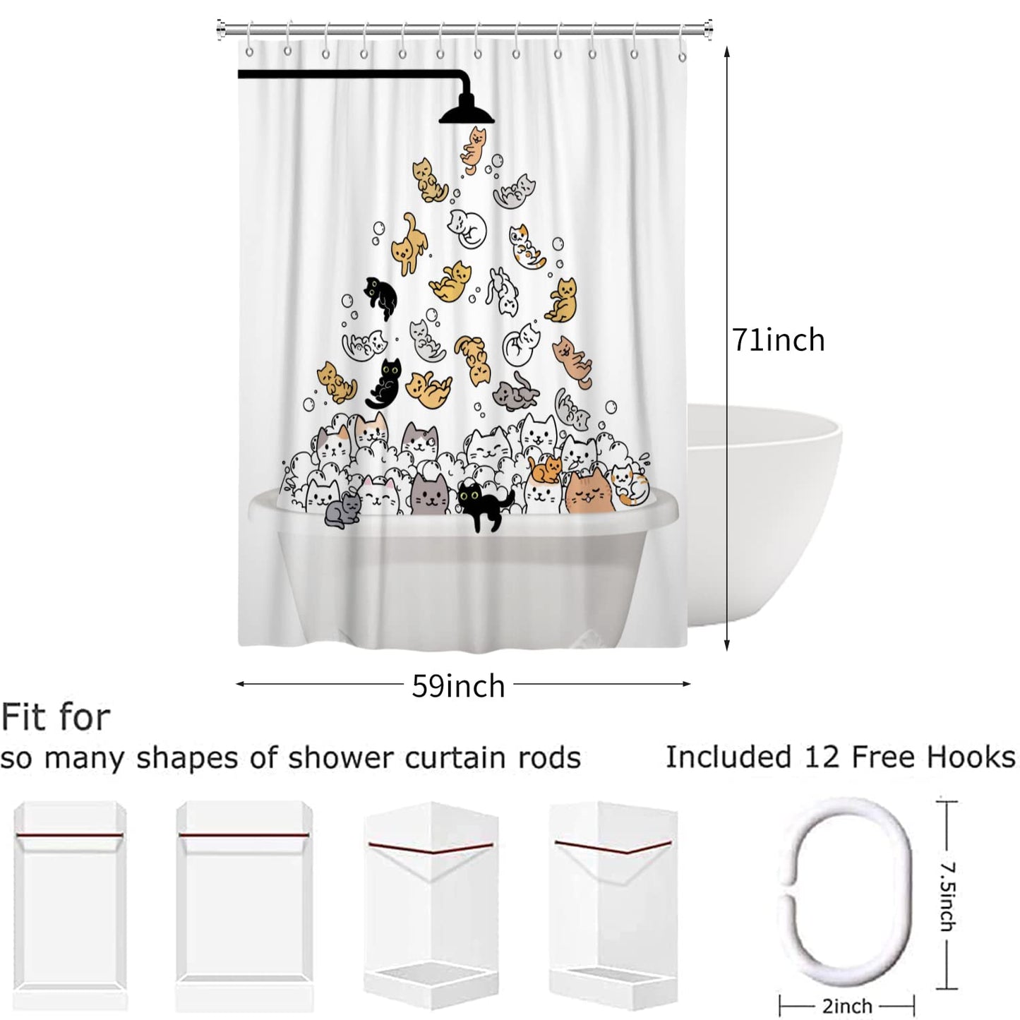 Hnmdmyi Funny Cat Shower Curtain 150x180, Kids Cartoon Animal Kitten Colorful Lovely Hilarious Pets Bathroom Curtains with Hooks Waterproof Polyester