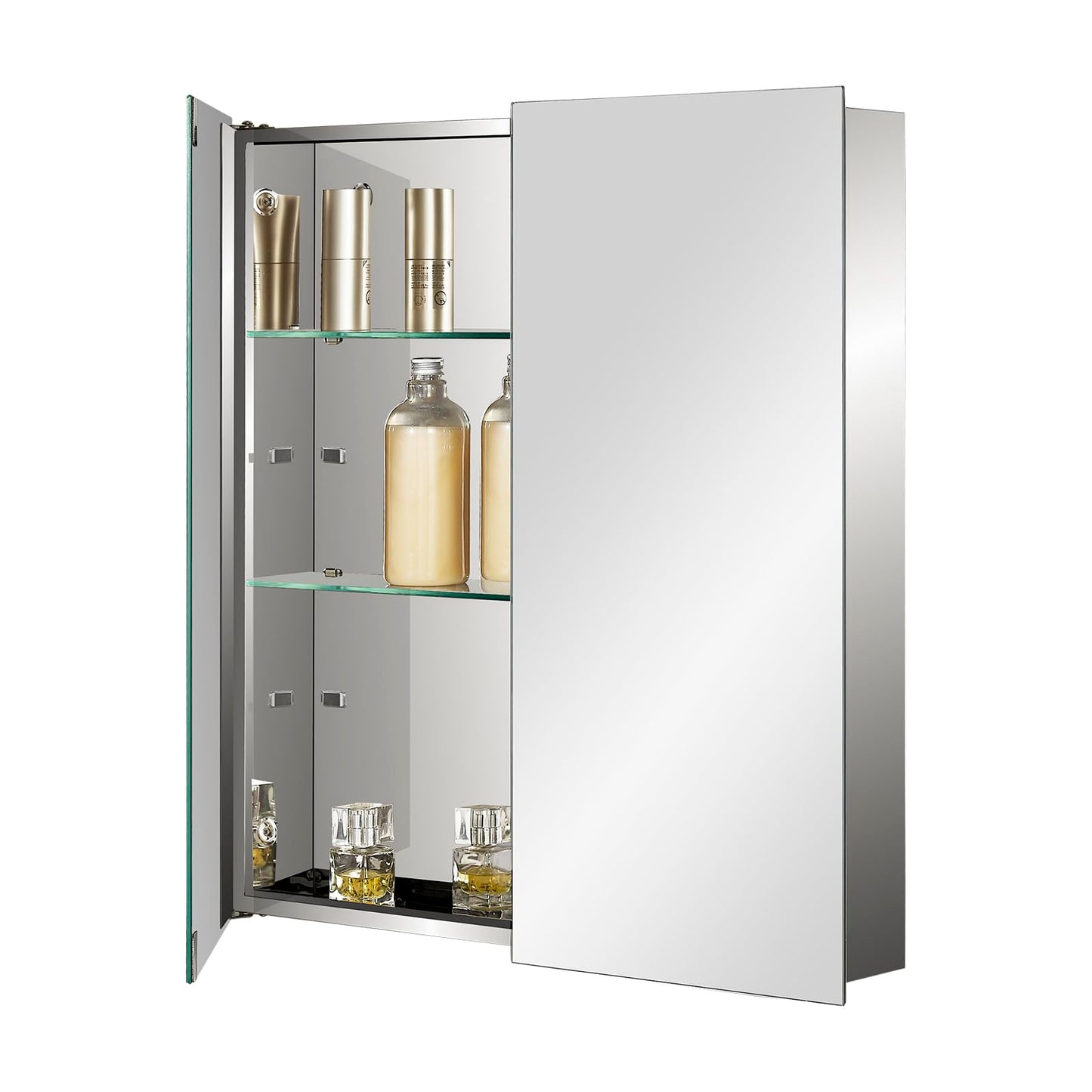 Fundin Large Bathroom Mirror Cabinet with Double Doors, Adjustable Tempered Glass Shelves, Surface Mounted, 60cm W x 65cm H, Mirrored Finish