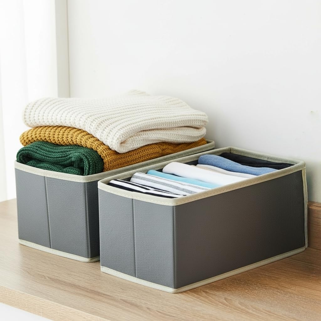 Nesrefyn 6-Pack Drawer Dividers & Organisers for Wardrobe – Foldable Storage Organisers for Clothes, Underwear, Socks, Bras, Accessories, Grey