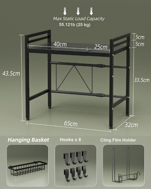 NETEL Expandable Microwave Shelf, 2-tier Microwave Oven Rack with Spice Basket, Kitchen Roll Holder & 4 Hooks, Countertop Organiser