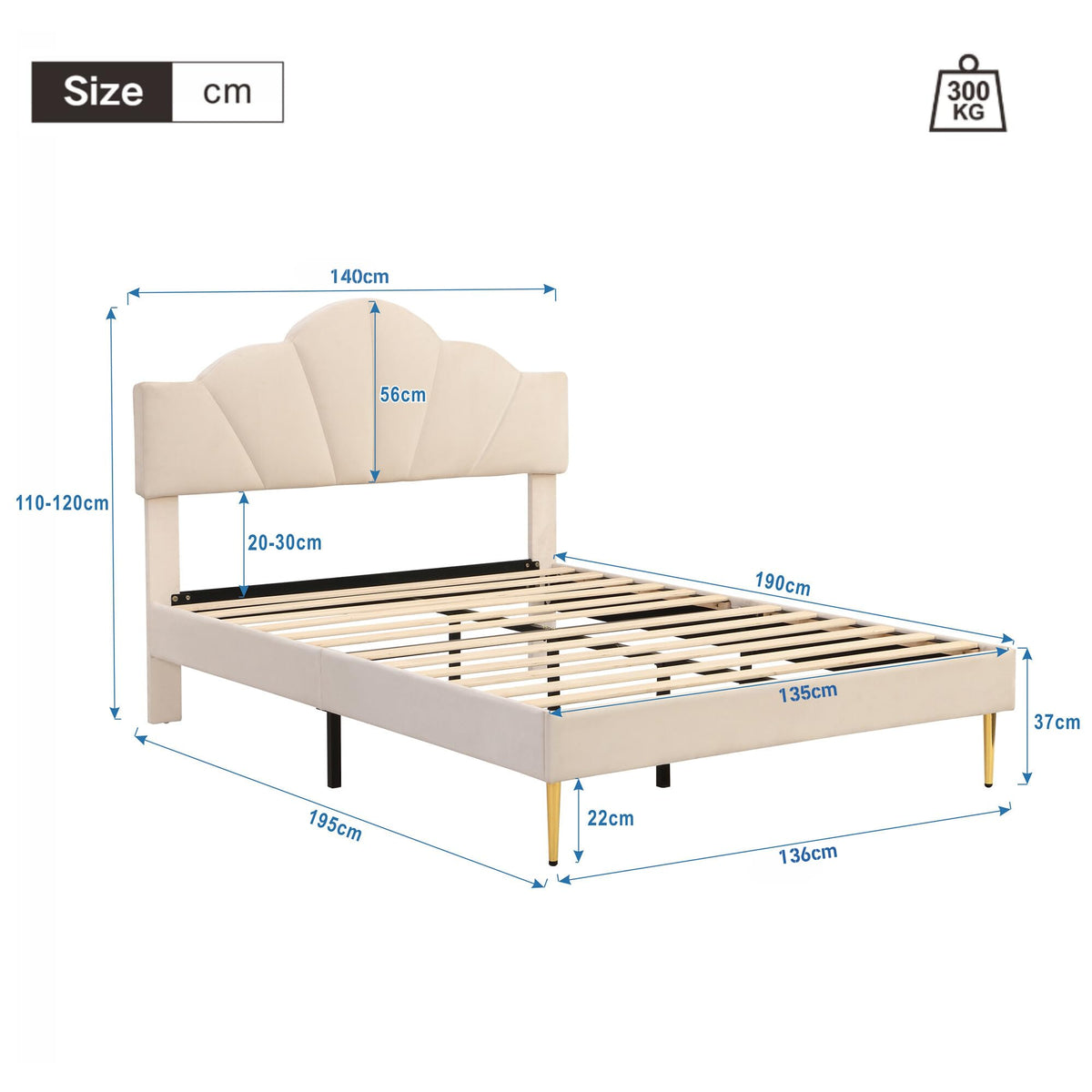 ModernLuxe Upholstered Double Bed, 4FT6 Shell-like Bed Frame with Golden Iron Legs and Height-adjustable Headboard Filled with High-density Foam