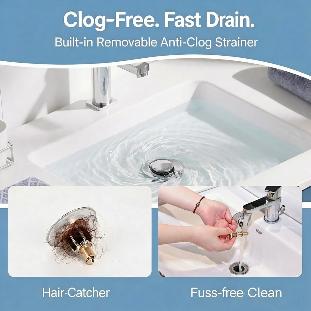 Sink Plug Replacement, Universal Pop Up Basin Plug with Hair Catcher Strainer, Brass Push Click Bathroom Drain Stopper for 27‑42mm Sink Hole