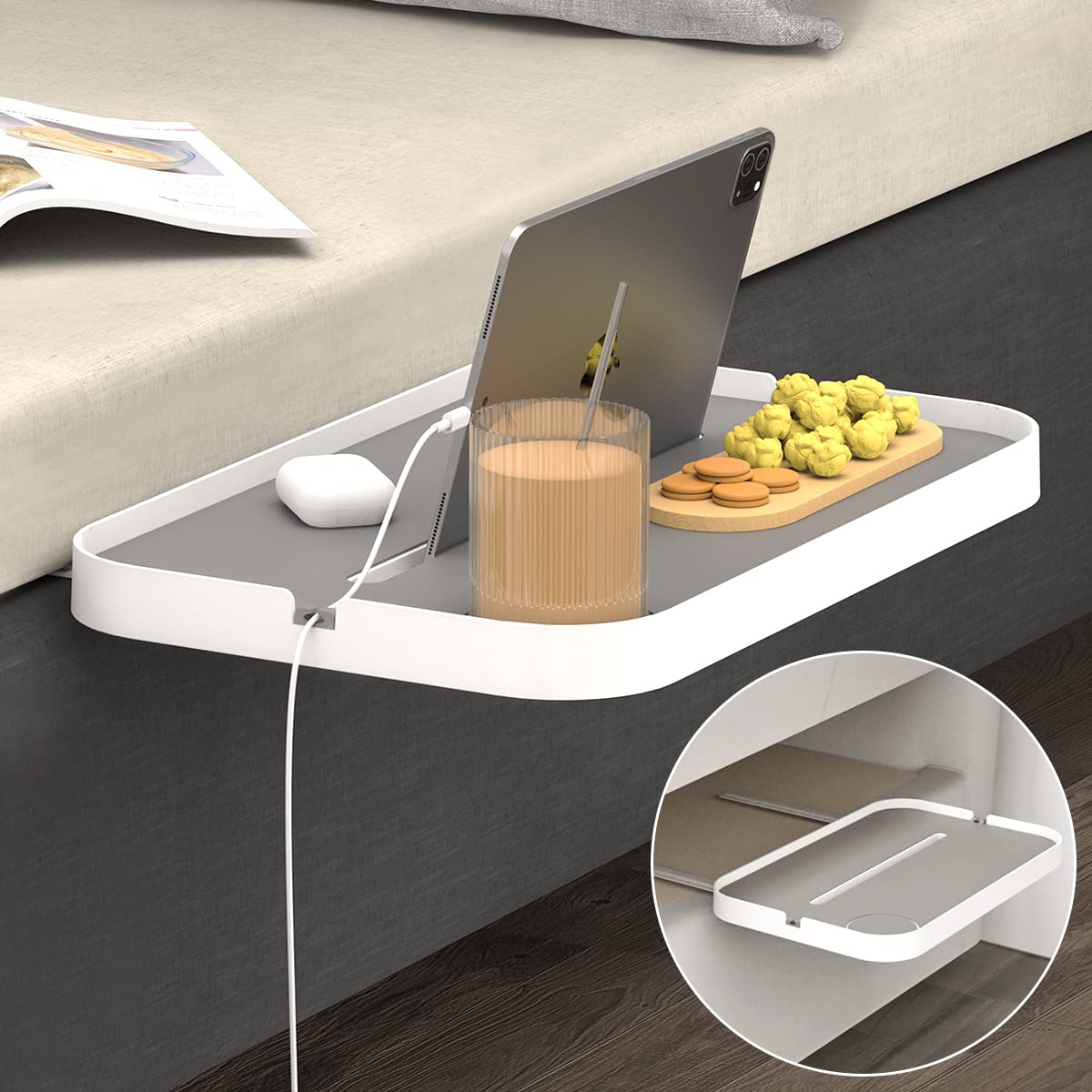 KIWIFOTOS Bedside Shelf for Bed, Bed Shelf Inserted Into Mattress, Bed Side Table Tray Organiser, Bed Frame Clamp Shelf with Cup Holder, Cable
