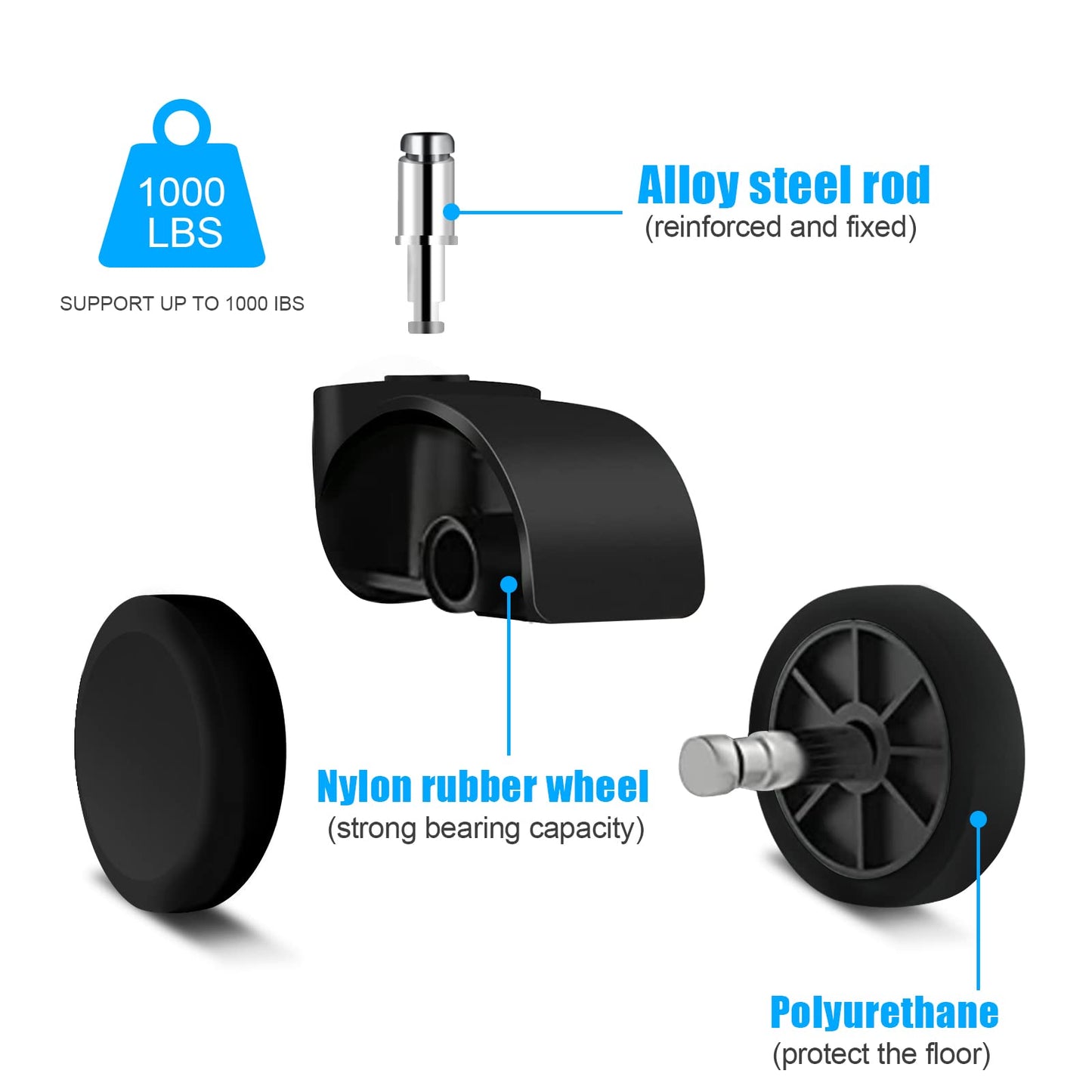 YIOVVOM Office Chair Wheels Replacement Rubber Chair casters(Set of 5) for Hardwood Floors and Carpet- Heavy Duty Caster Support up to 750bls,2 Inch