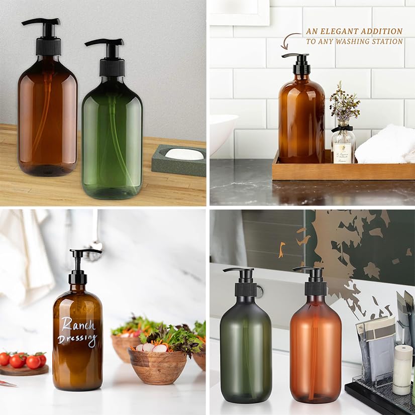 2 Pack Amber Soap Dispenser, 500ML/17oz Refillable Empty Press Pump Bottles, Plastic Liquid Soap Dispenser Storage Holder Container for Lotions