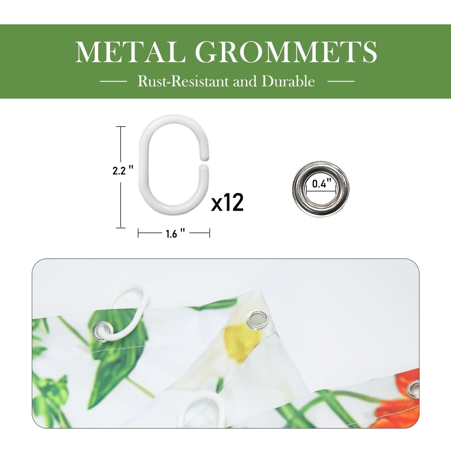 LIVETTY Shower Curtain White Floral Bathroom Curtain 180x180cm Anti-Mould Waterproof Polyester Fabric Bathtub Shower Curtains with 12 Hooks Washable