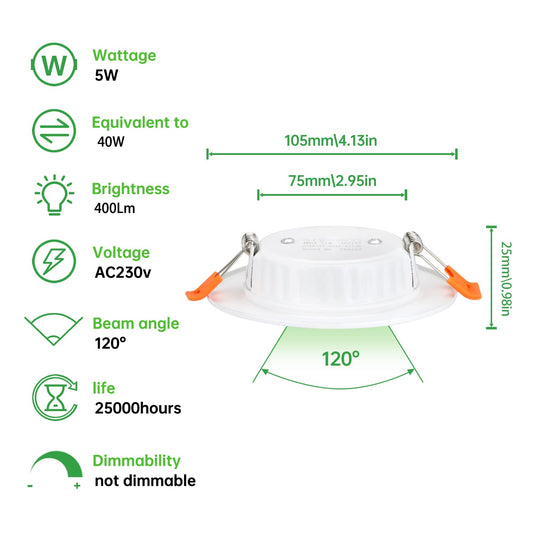 Tofisr LED recessed Ceiling Light,5W Cool White Light 6000K,Round Metal Downlights for Ceiling,220V-240V,Cutout 75-95mm,Ultra Slim Round Spotlights