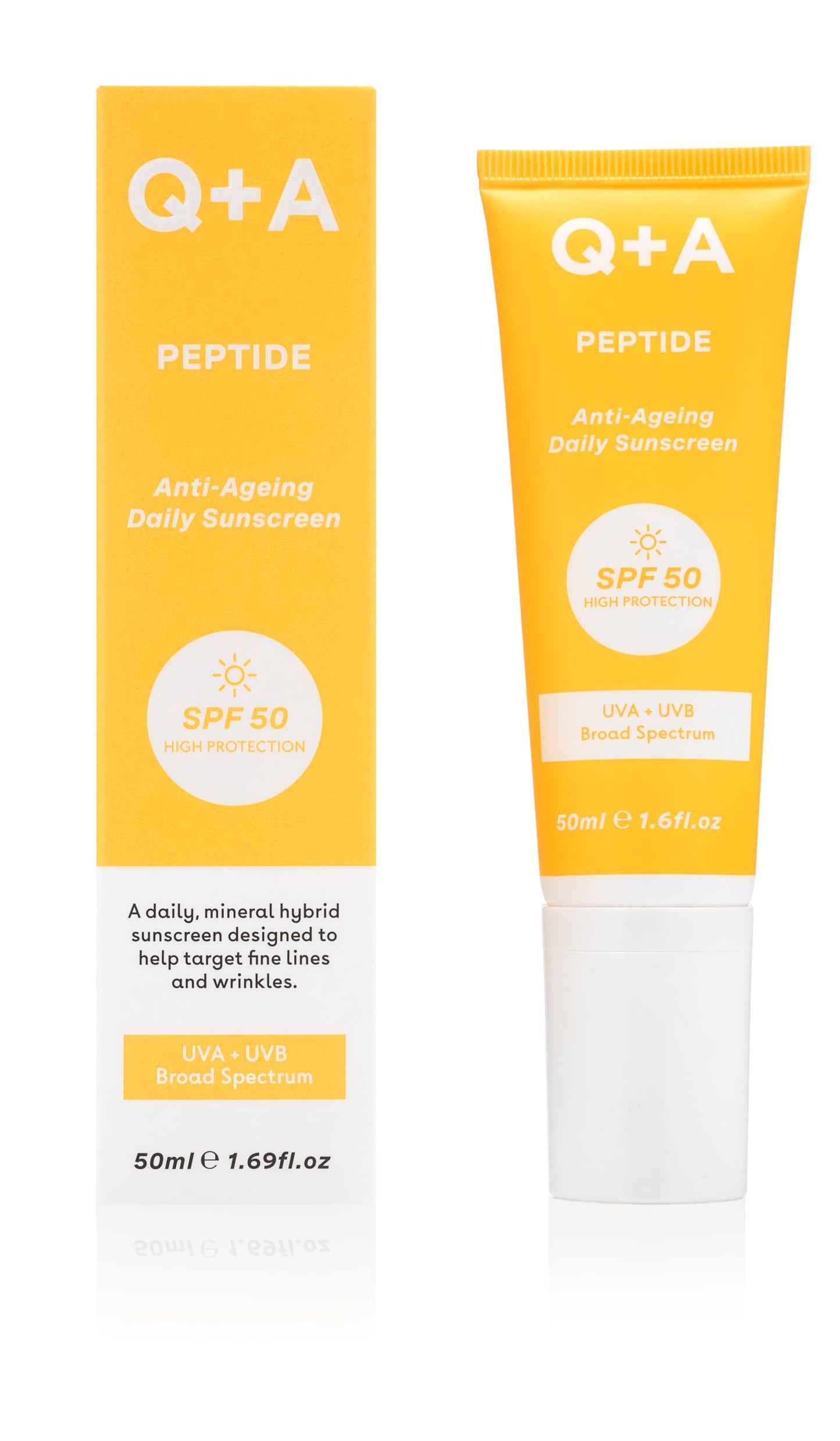 Q+A Peptide SPF 50 Anti-Ageing Daily Sunscreen (50ml), Broad-Spectrum UVA/UVB Protection with Pre-Peptides, Fragrance Free Skincare, Helps Prevent