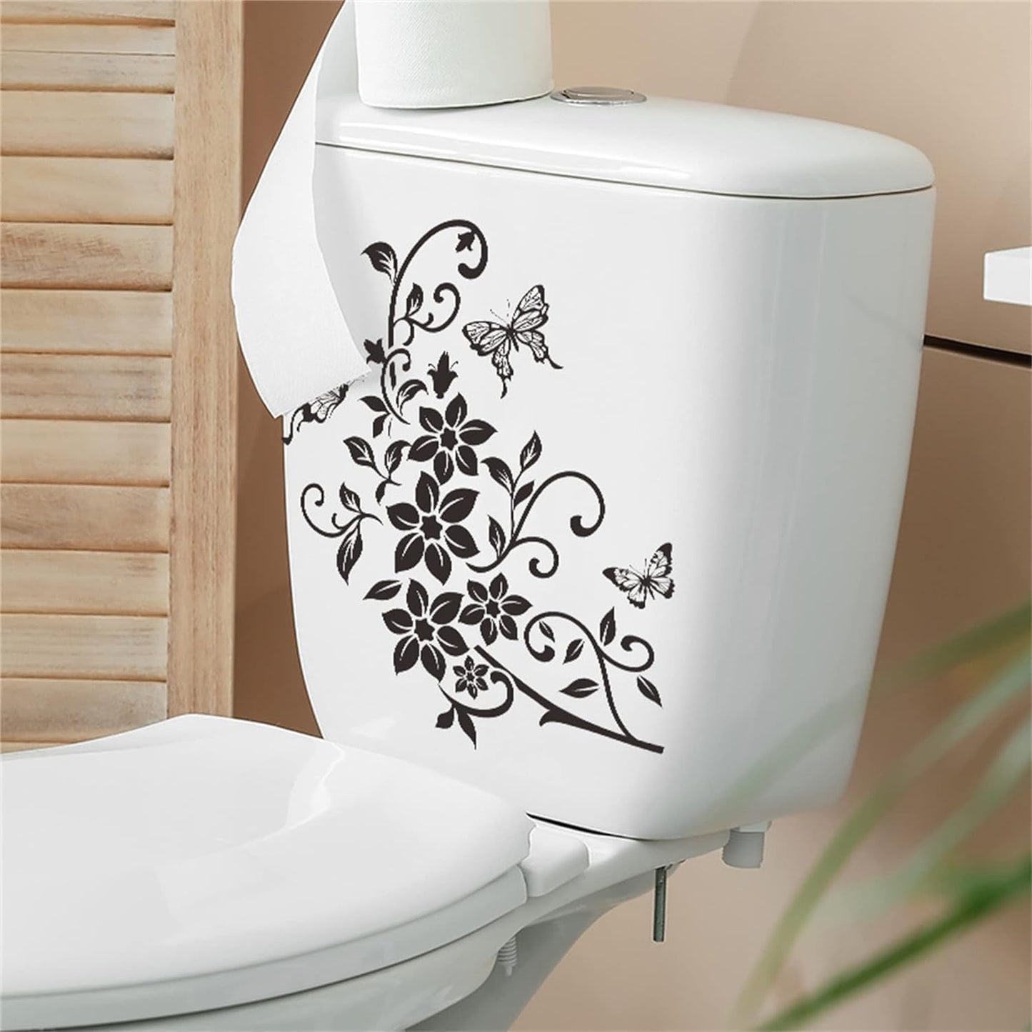 1Pc Black Flowers Butterfly Bathroom Toilet Seat Lid Cover Decals Stickers PVC Sticker Removable Self Adhesive Restroom Decor Art Decoration Toilet