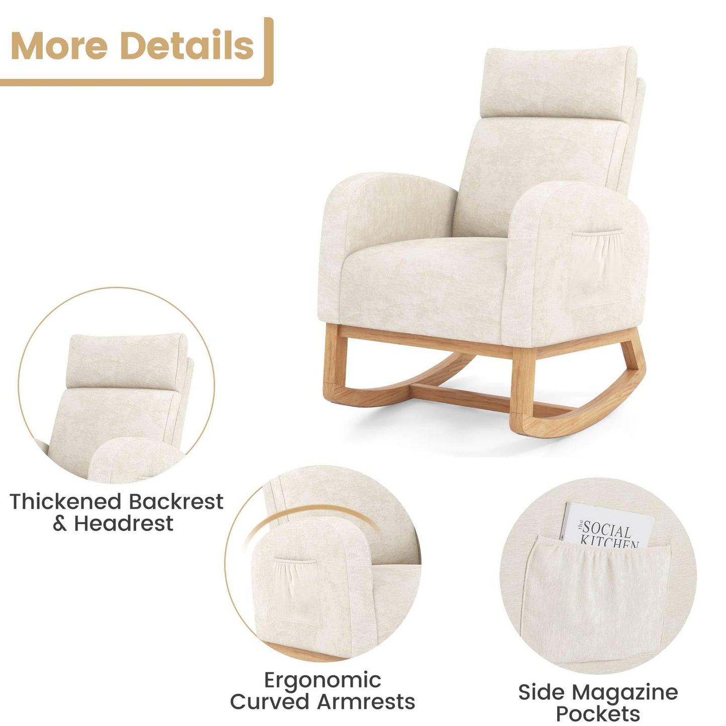 RELAX4LIFE Nursing Rocking Chair, Upholstered Chenille Fabric Relax Rocker Armchair with Headrest, Side Pockets & Solid Wood Legs