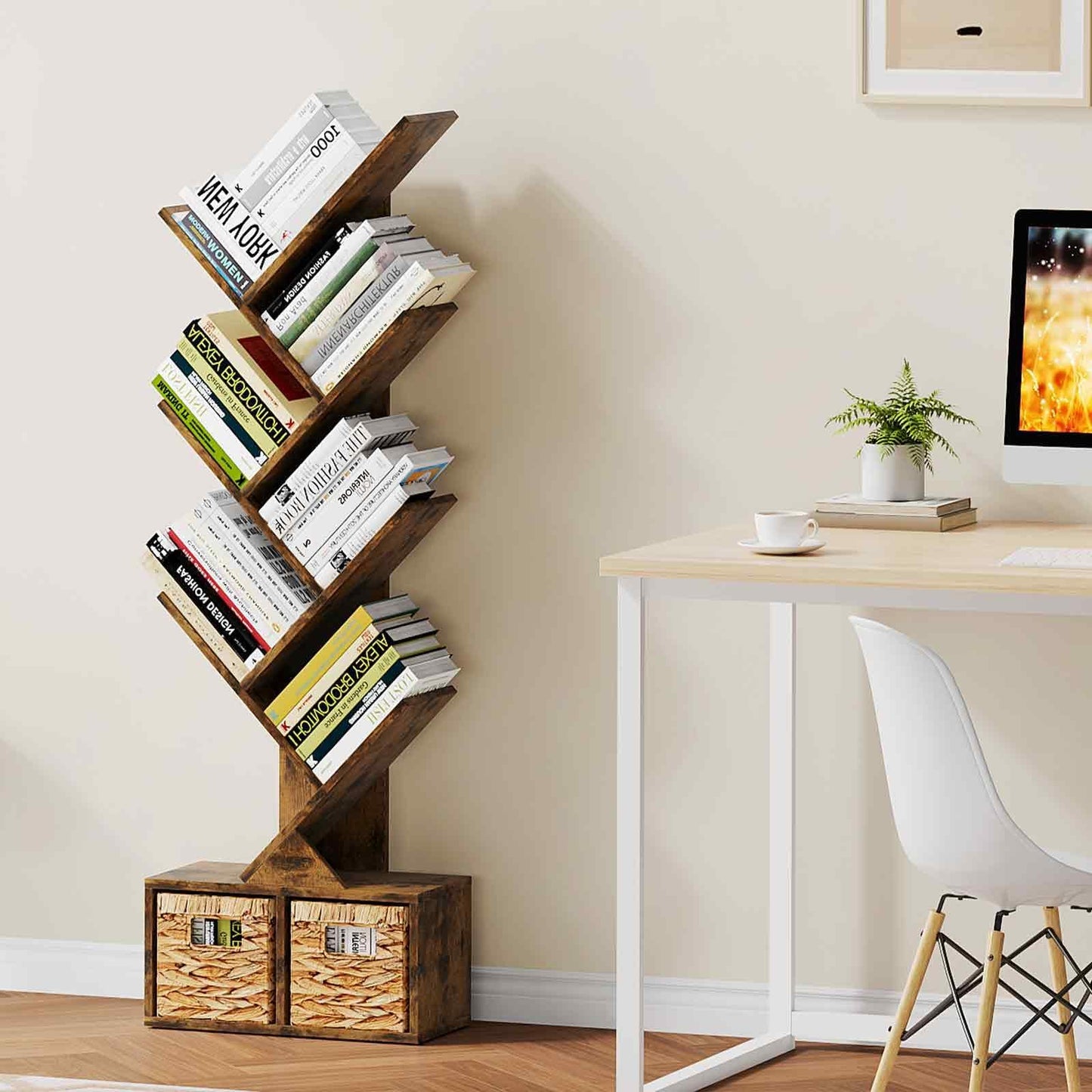 Vagusicc 6 Tier Tree Bookshelf with 2 Storage Baskets, Tall Display Shelf Organizer for Books, Magazines, Home Decor
