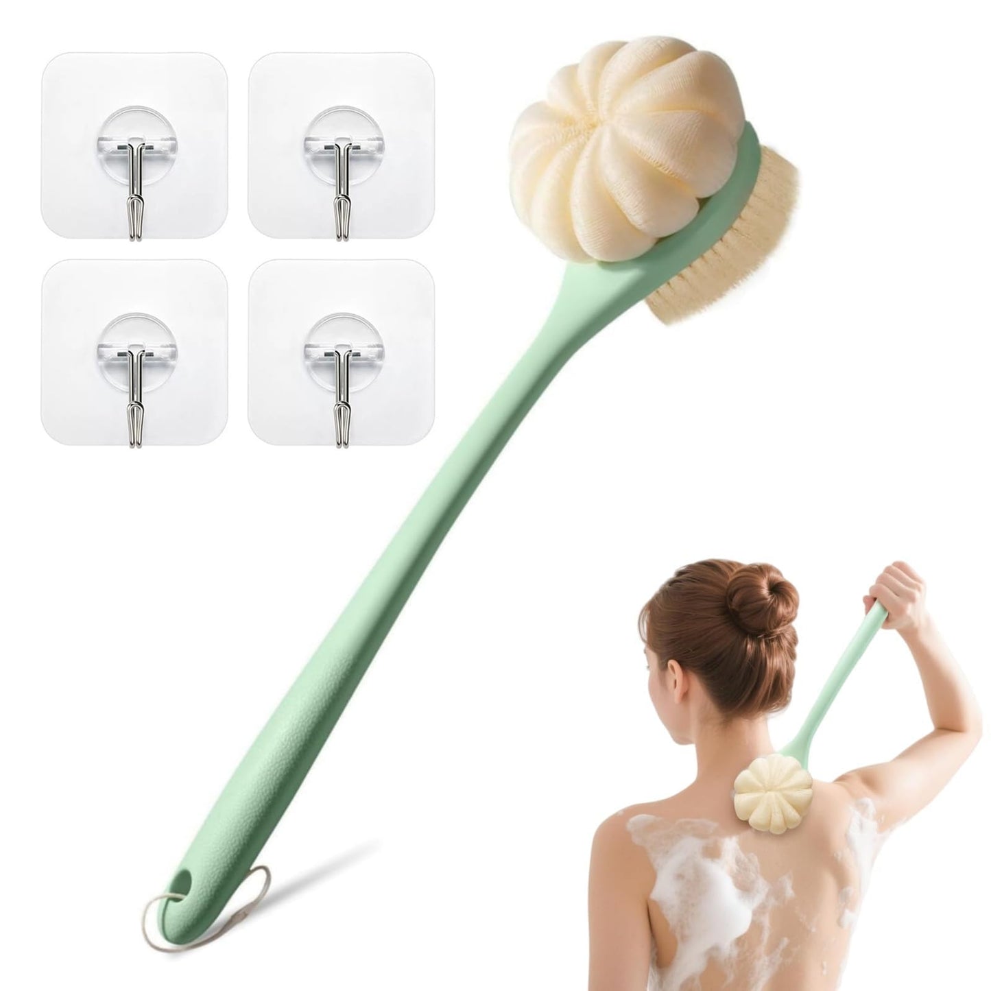 Back Scrubber for Shower, 15.7" Loofah with Handle, Back Shower Brush with Bristles and Loofah, Dry Brushing Body Brush for Cleanse Back and Hard to