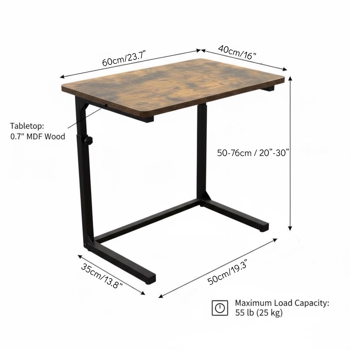 Tinymod C-Shaped Sofa Side Table for Couch & Bed, Height Adjustable Laptop Table, Rustic Brown