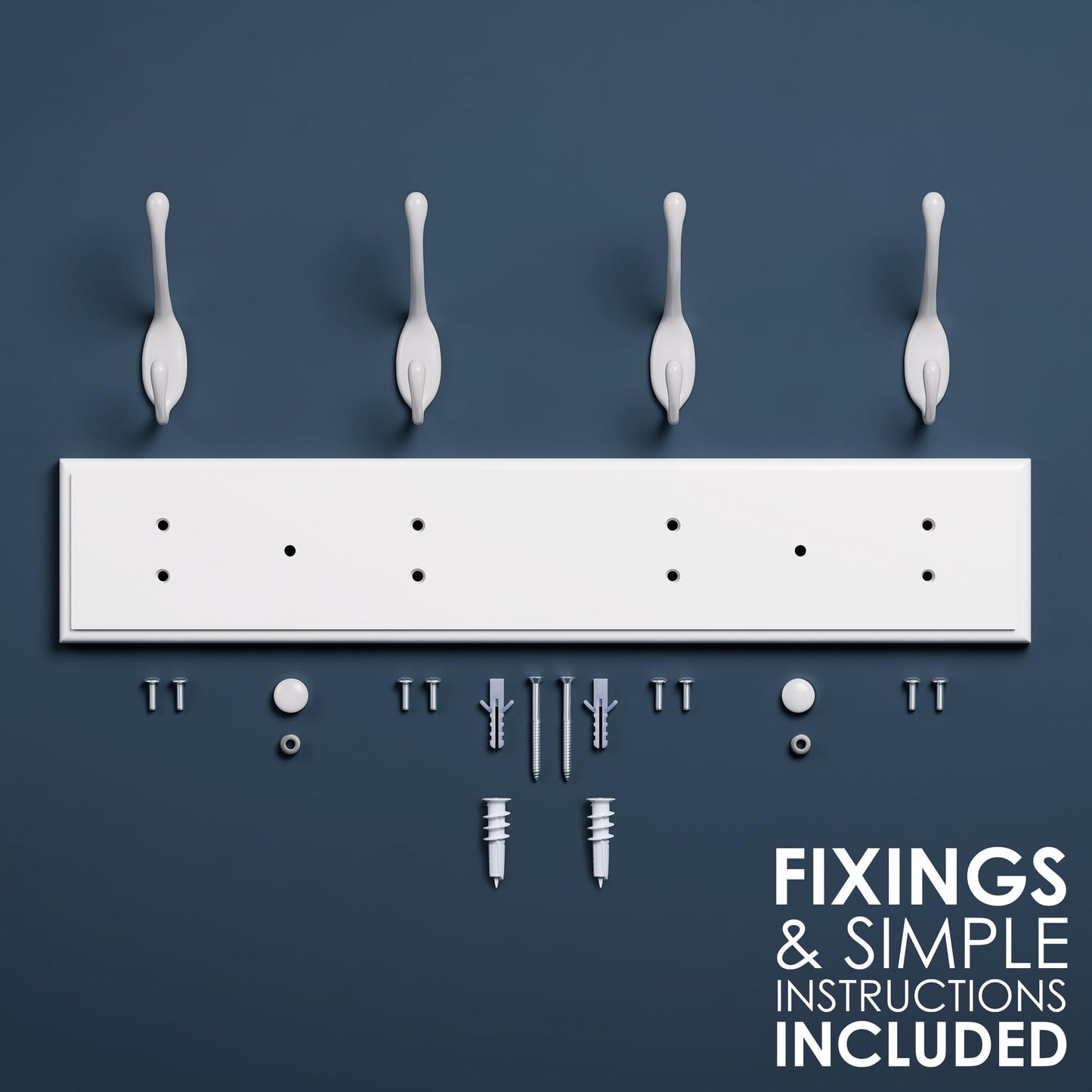 LARHN White Wall-Mounted Coat Rack - 4 White Coat Hooks, 42cm