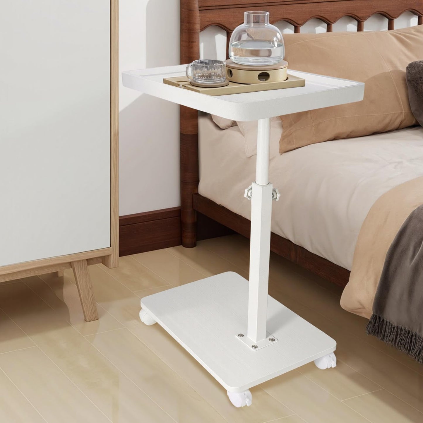 C Table End Table Adjustable Height 360° Swivel TV Tray Table With Wheels