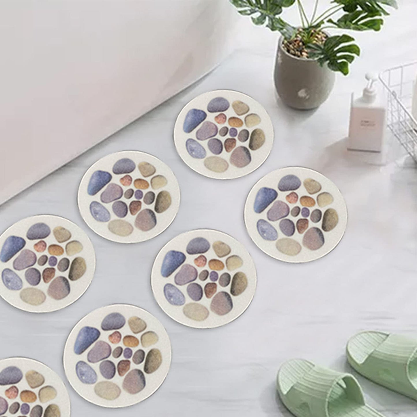 8 pieces bathtub stickers, round, self-adhesive, non-slip stickers, diameter 15 cm, stone pattern, bath, bathroom floor sticker with scraper tool