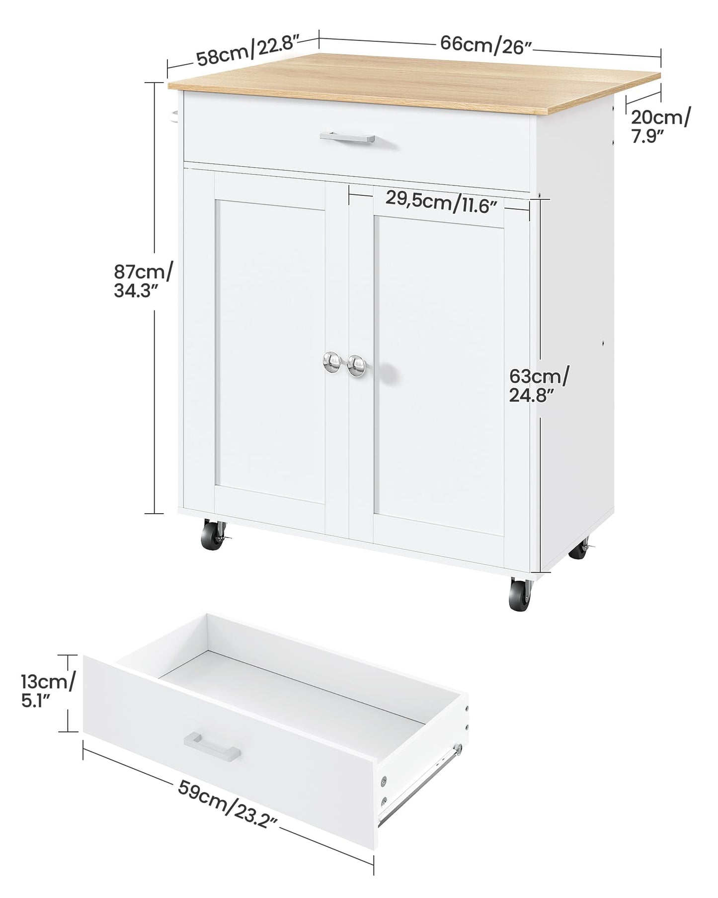 CHOEZON Kitchen Island, Farmhouse Kitchen Island Cart with One Double Cabinet and Drawer, Rolling Storage, with Drop Leaf & industrial locking wheels