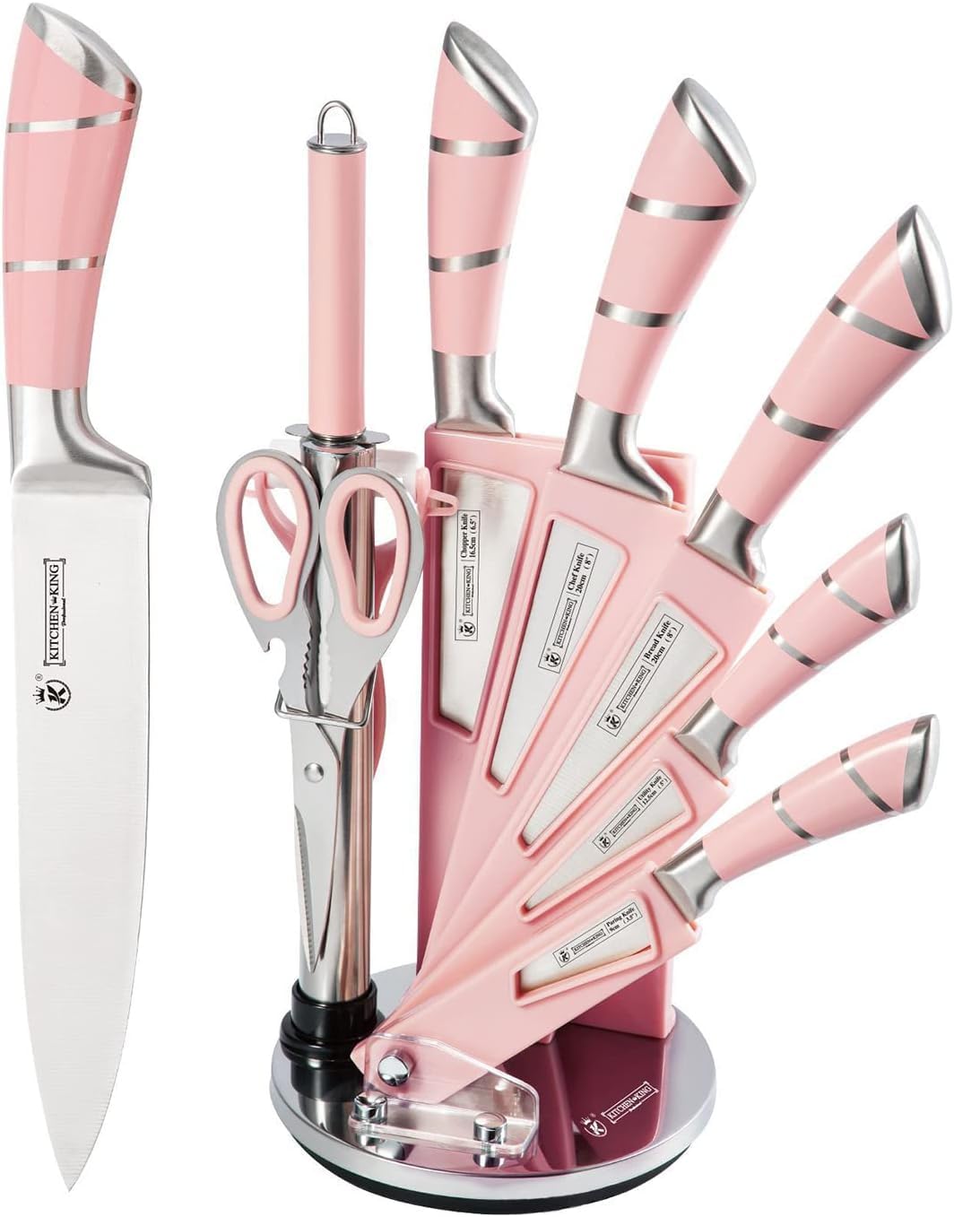 Kitchen Knife Set,9-Pieces Pink Sharp Non-Stick Coated Chef Knives Block Set,Stainless Steel Knife Set for Kitchen with Sharpener for Cutting Slicing