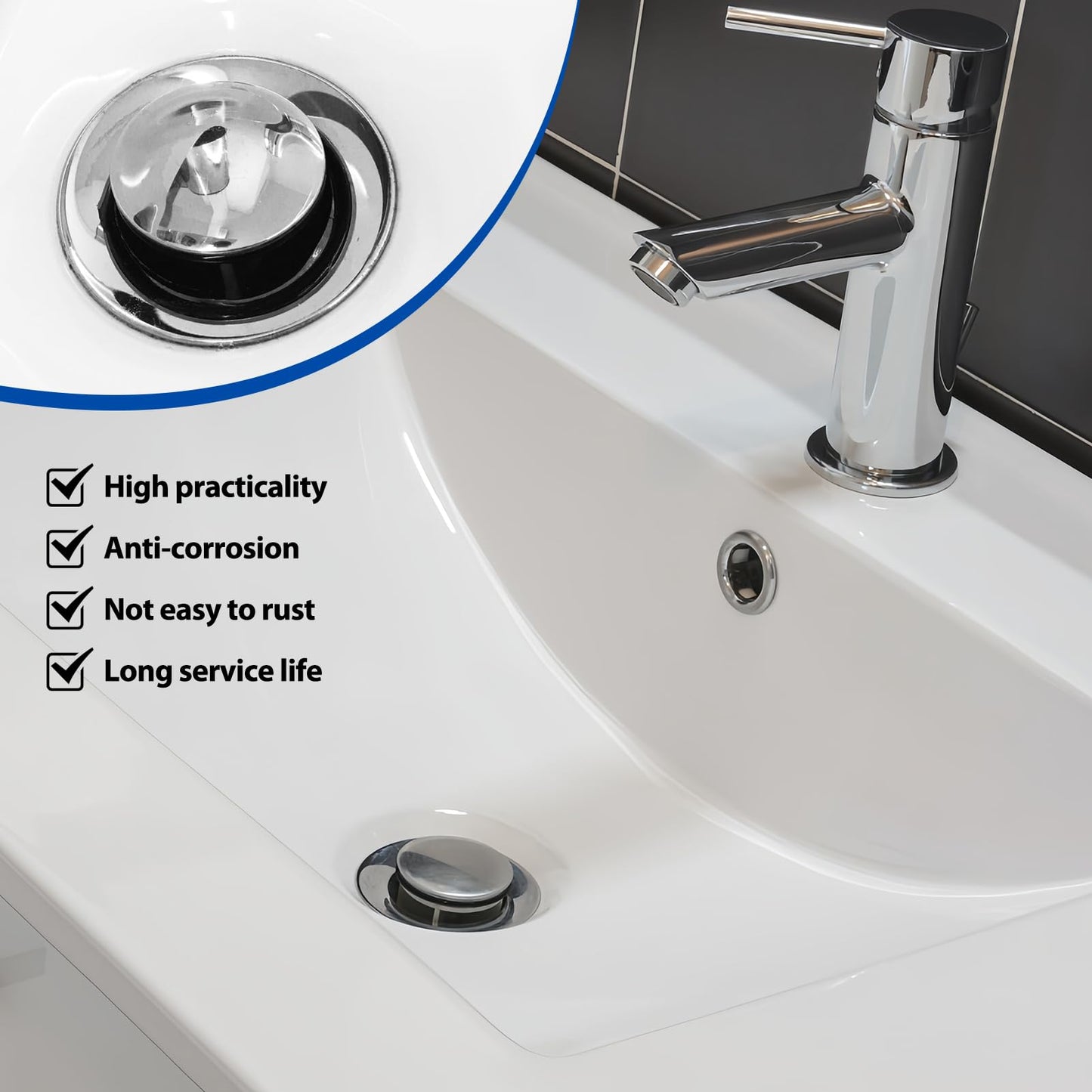 Tuwonwa Adjustable Pop-Up Bathtub & Basin Drain Plug, Copper & Rubber, 1.73 Inch (44mm), Silver