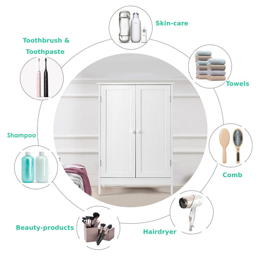 CASART Bathroom Floor Cabinet, Freestanding Storage Cupboard, Double Door Wooden Storage Organizer Unit for Bathroom Living Room Bedroom White