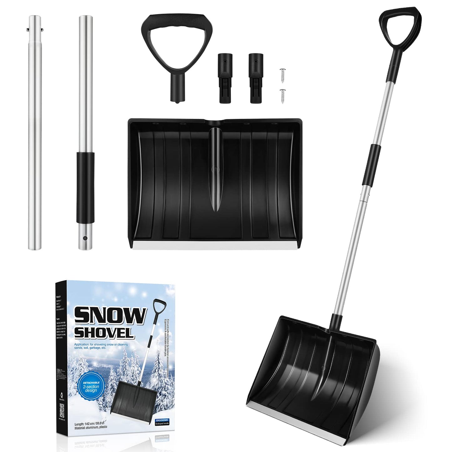 YARNOW Heavy Duty Snow Shovel with Detachable Aluminium Handle & Anti-Freeze Foam Blade (41cm Wide) - Portable Snow Remover for Garden, Driveway &