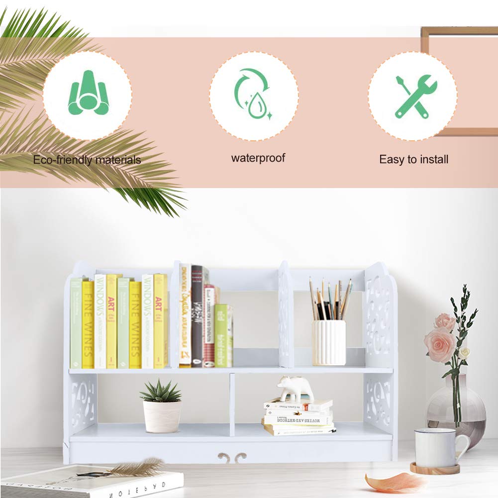 2 Tier Desktop Bookshelf, White, Wooden Storage Organiser Stand with Carved Patterns, Mini Display Rack for Books and Office Supplies