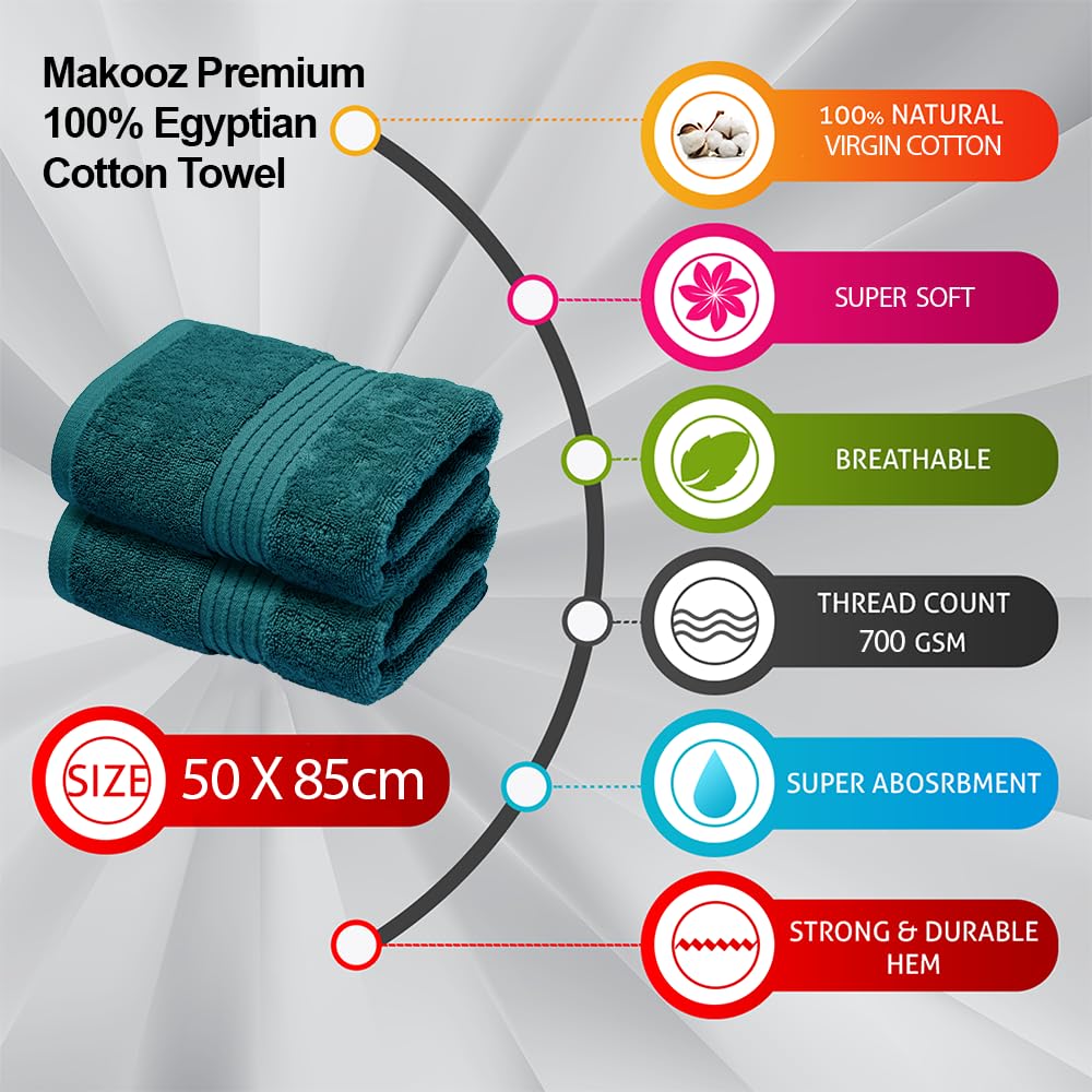 Makooz Premium 700 GSM Hand Towels for Bathroom 2 Pack –100% Natural Ring-Spun Egyptian Cotton –Luxurious Ultra Soft